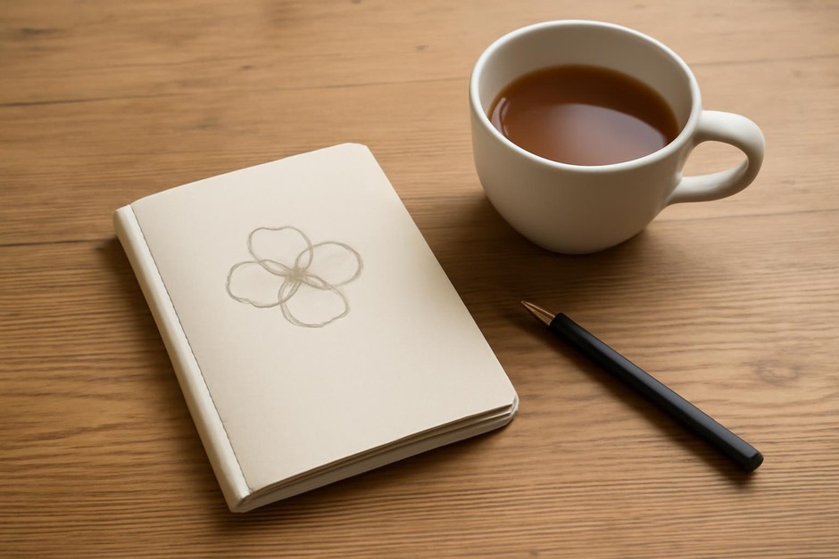 A small sketchbook, pencil, and cup of tea on a wooden table