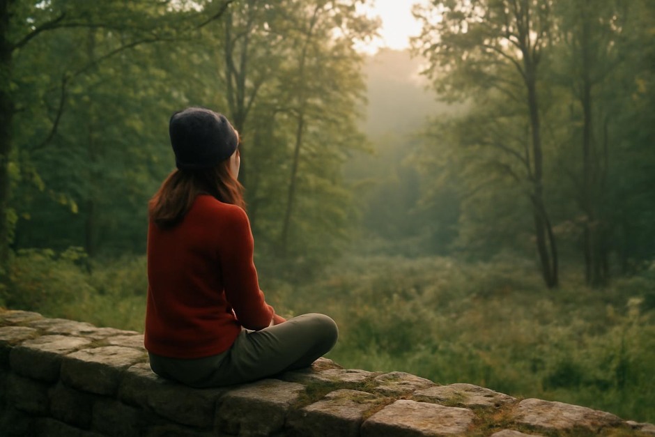 Person sitting on a low stone wall listening to a woodland landscape at dawn