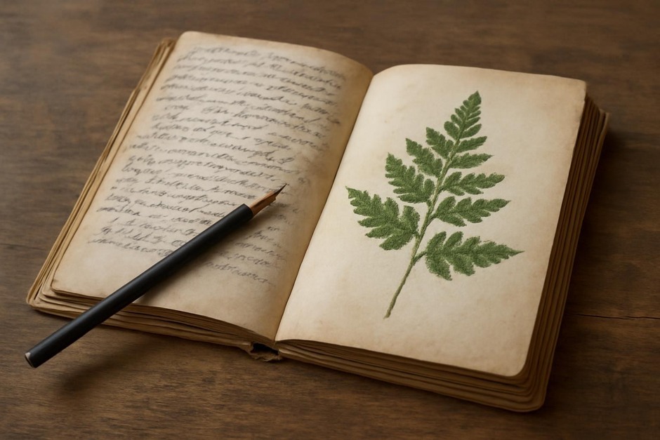 Open field notebook with pressed plant and handwriting