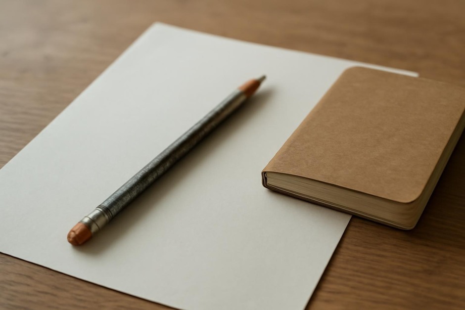 A single well-used pencil resting on a blank sheet of paper beside a small notebook.