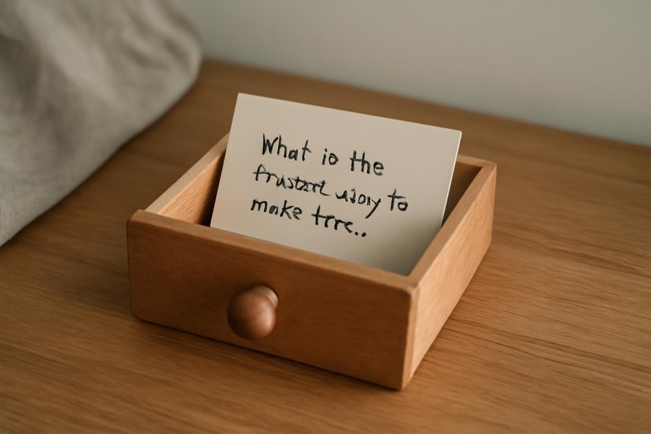 A small wooden drawer with a handwritten question card inside