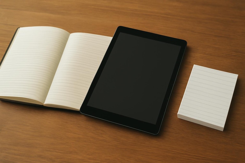 A notebook, tablet, and index cards on a wooden table