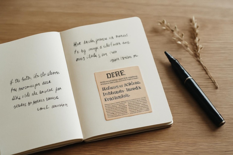 Open notebook with handwritten excerpts and clippings beside a fountain pen and dried plant