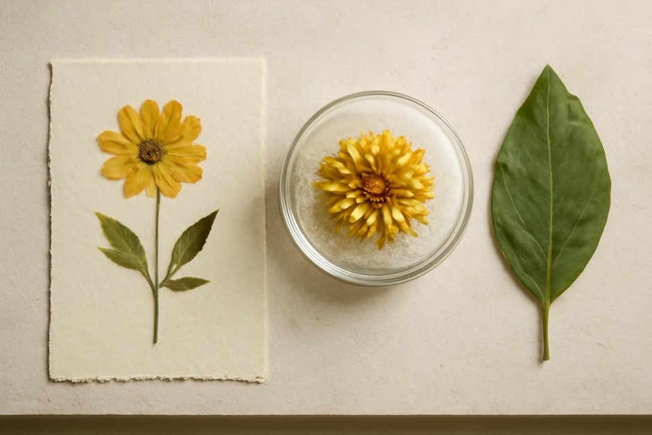 Three preserved plant specimens: a pressed flower, a silica-dried bloom, and a glycerin-softened leaf displayed on a led