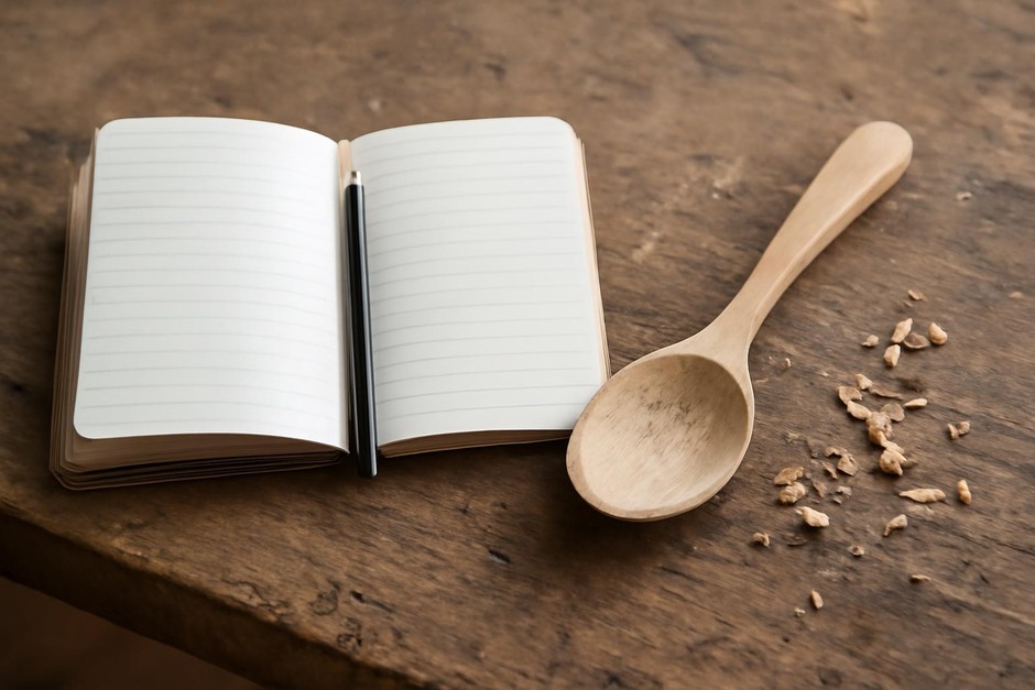 A small notebook beside a partially carved wooden spoon on a workbench
