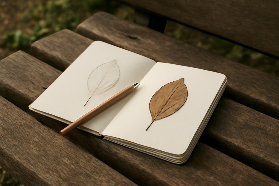 Open sketchbook on a park bench with a pencil and pressed leaf