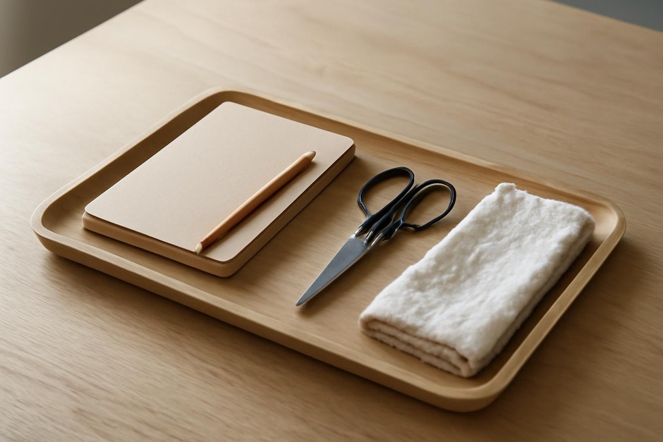 A simple wooden tray holding a notebook, pencil, scissors, and a small cloth on a worktable