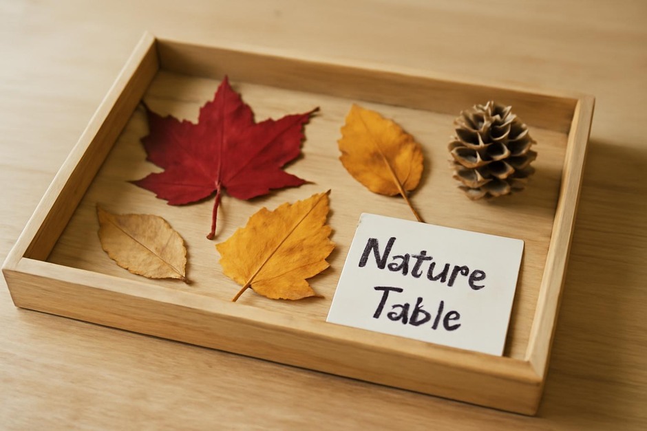 A small wooden tray holding autumn leaves, pine cone, and a hand-written label.