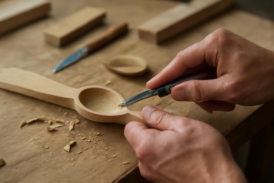 Hand carving a wooden spoon in a simple workshop